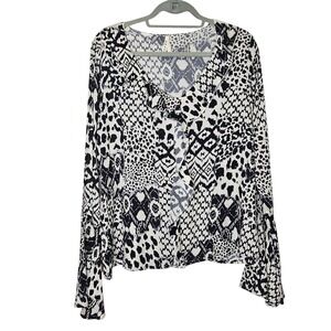 Roper Animal Blouse Ruffle Mixed Media Long Sleeve Bell Sleeve Top Black White M